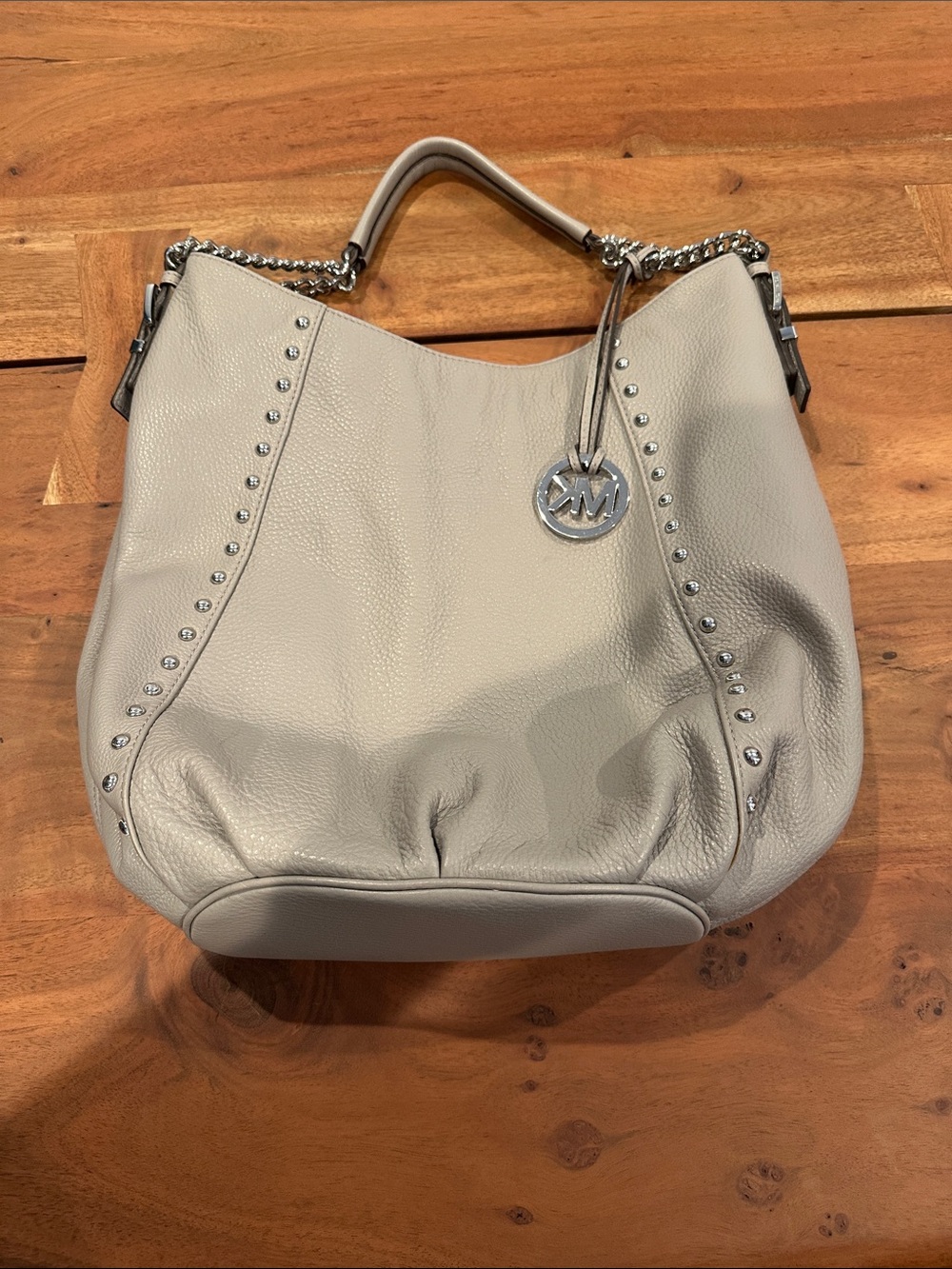 Michael Kors Pebbled Leather Shoulder Hobo in Light Gray with Silver Hardware